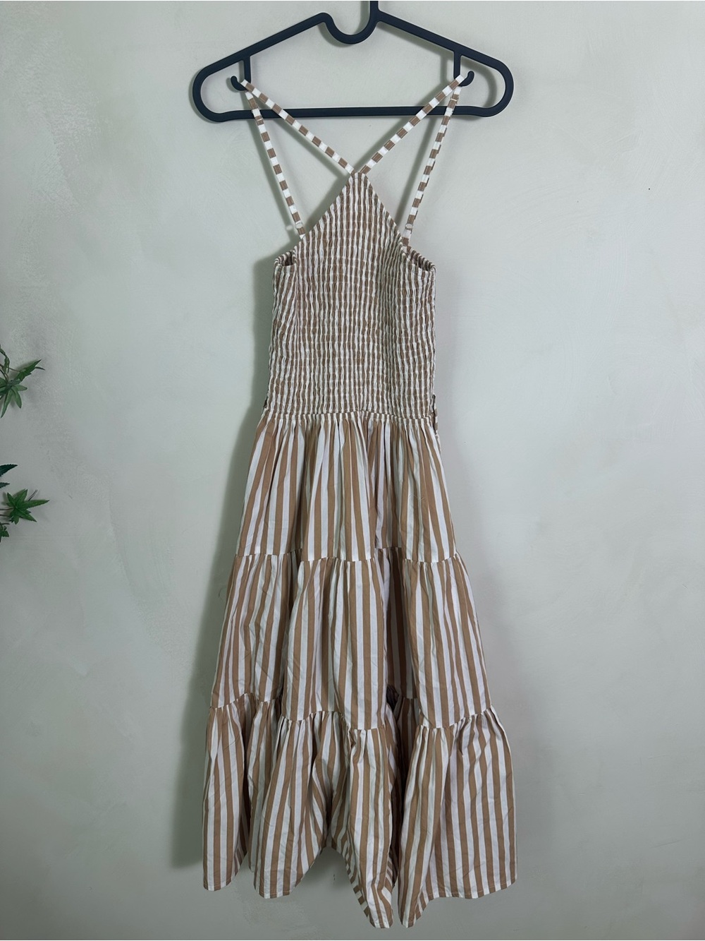 Lusana Striped Beige and White Smocked Midi Dress Cotton XS